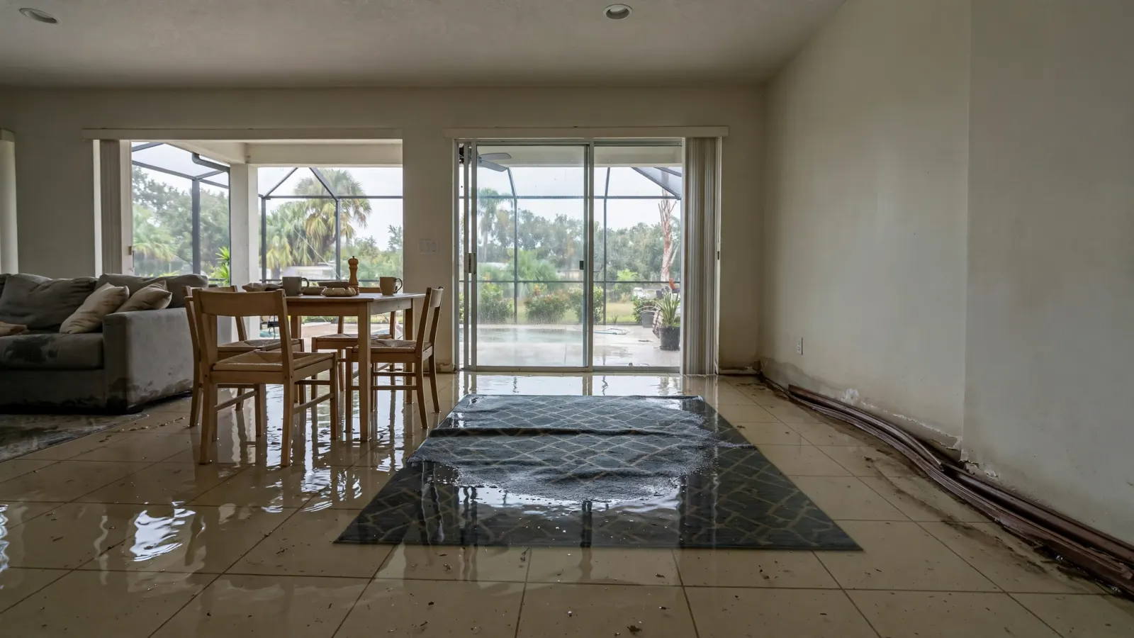 Before: Thin layer of standing water across a living and dining room floor