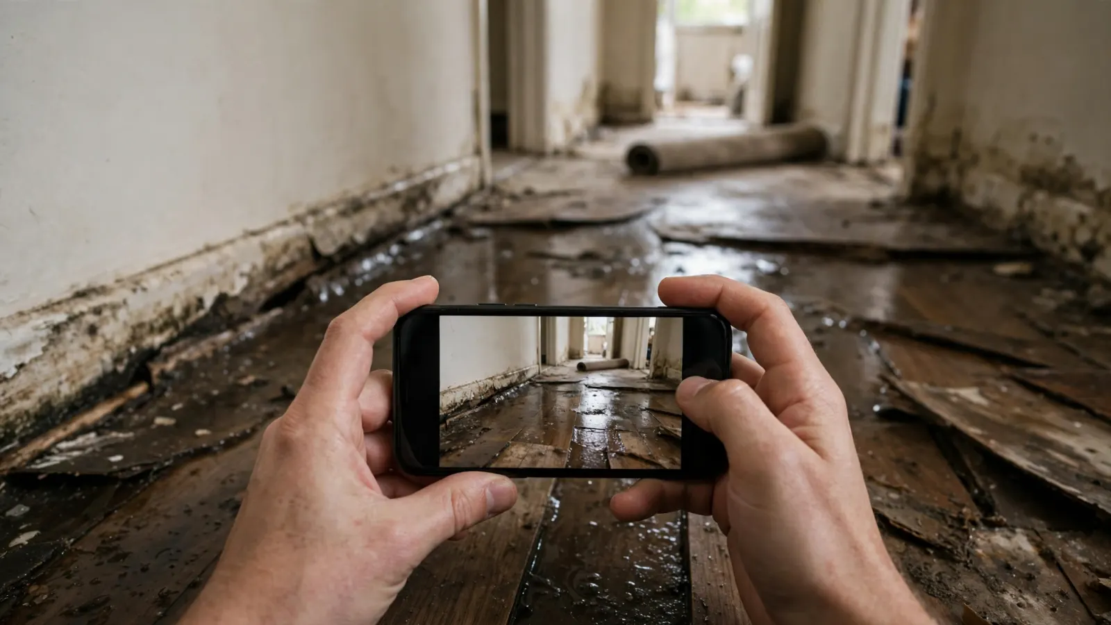 Homeowner photographing a water-damaged hallway for an insurance claim