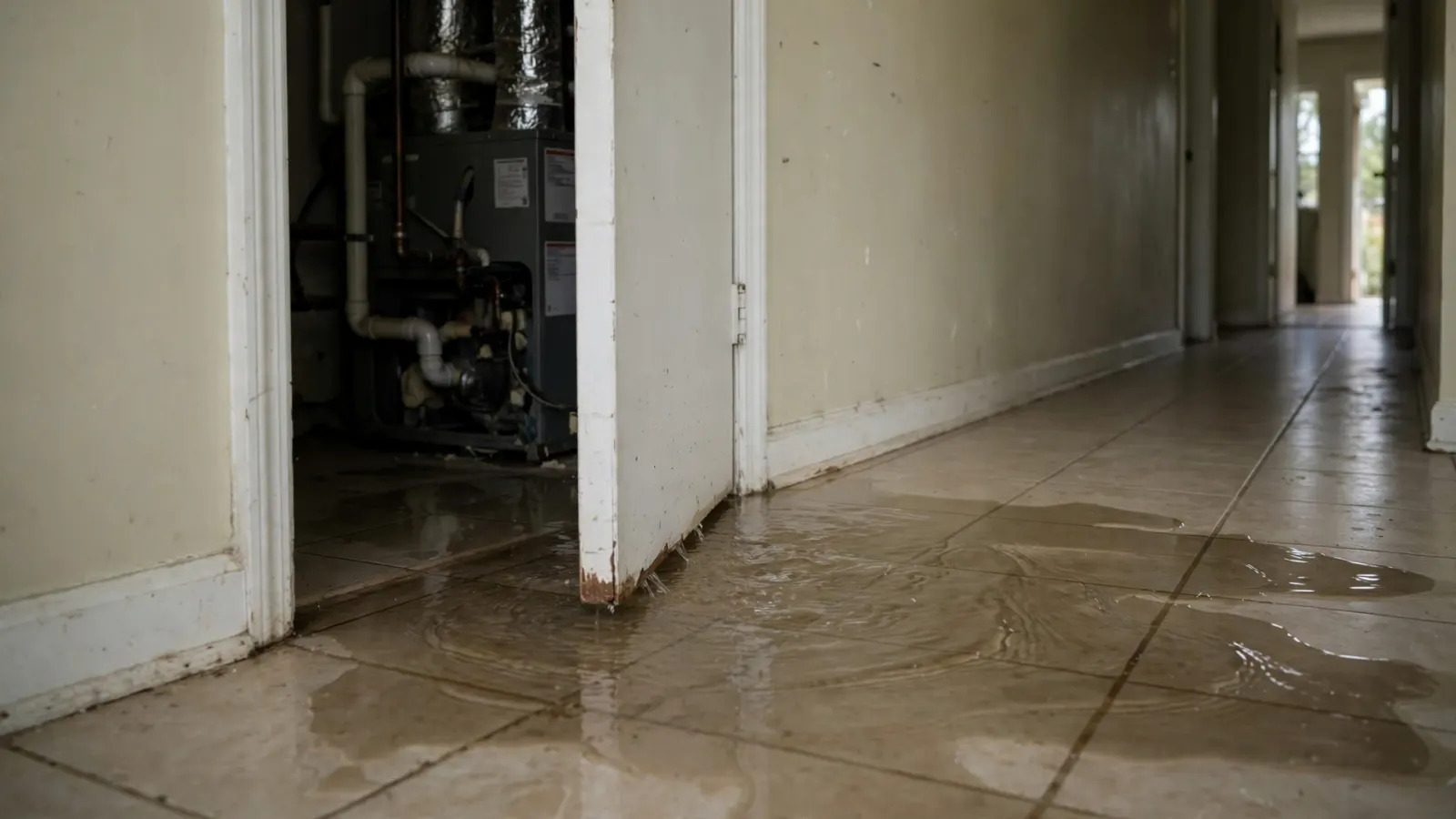 Water pooling from a hallway AC closet with the air handler visible