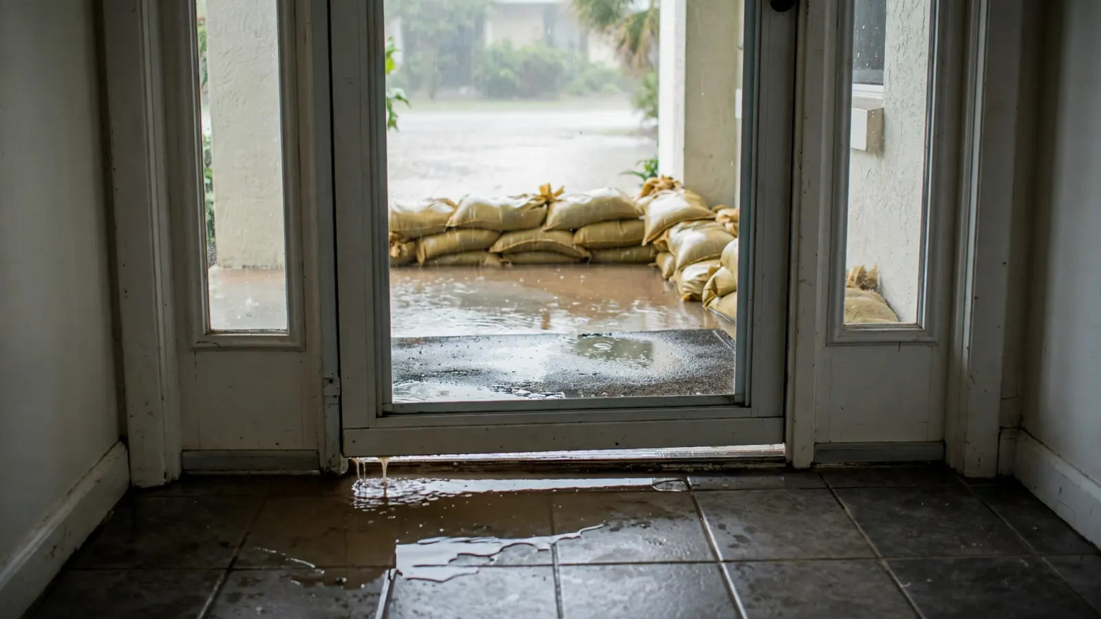Storm water seeping under a front door into a tiled entry