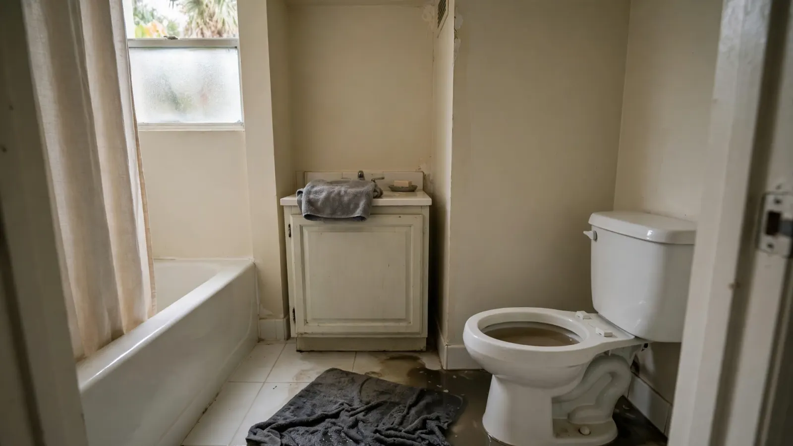Overflowed toilet with water across a bathroom floor
